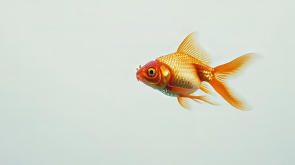 A single goldfish, swimming alone, against a plain white backdrop.