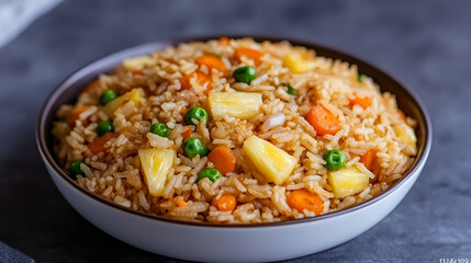 Wall Mural - Vegan fried rice with pineapple, carrots and peas, balanced vegan meal