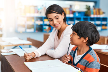 Aufkleber - School, teacher and student with homework, classroom and helping of child, notebook and smile of woman. Education, kid and educator in elementary, knowledge and learning with scholarship and youth