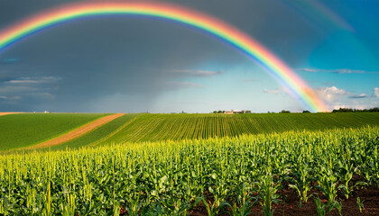 Wall Mural - crops grow on fertile farm land panoramic before harvest with rainbow in the background, agricultural landscape