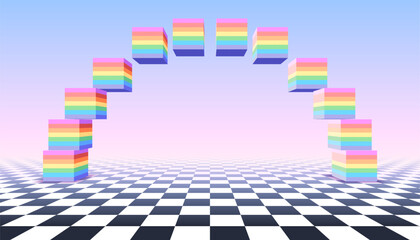 Aufkleber - Arch shape made of 3D rainbow cubes in retro pixel game style and vaporwave colors. Voxel cubes, 3D rainbow in the shape of a gate