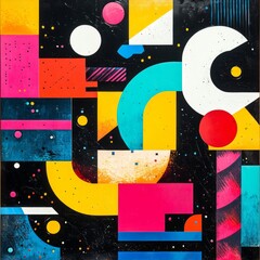 Poster - Abstract geometric pattern with bold colors and black background.