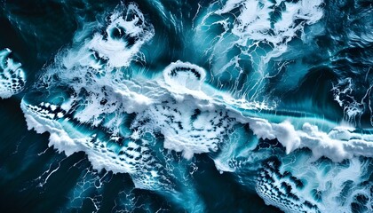 Wall Mural - Dramatic aerial view of deep blue ocean contrasting with crashing white waves, highlighting climate change effects on marine environments