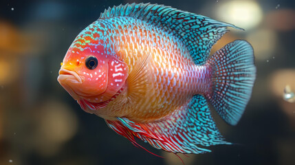 Flowerhorn cichlids are colorful fish that live in aquariums. They are popular pets because they are beautiful and in some Asian cultures, they are believed to bring good luck.