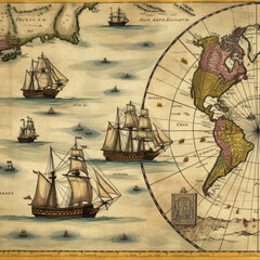 Old map with sailing ships continents and oceans