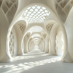 Poster - Abstract white corridor with arches and intricate patterns leading to a bright light.