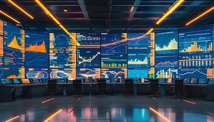 Wall Mural - Futuristic digital command center visualizing global trends with glowing graphs and analytics, exemplifying expertise in data science