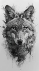 wolf, artistic animal portraits, drawing, black and white, abstract background, wallpaper