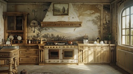 Wall Mural - Refined kitchen with classical design soft natural light and elegant wood cabinets