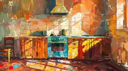 Canvas Print - Expressive kitchen scene with bold brushstrokes dynamic colors and soft light