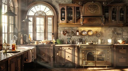 Wall Mural - Enigmatic kitchen scene with symbolic elements and soft diffused lighting