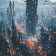 Poster - An aerial view of a futuristic city with tall skyscrapers, illuminated streets, and flying vehicles in the sky.