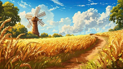 Wall Mural - Golden wheat field and windmill create a serene balanced Renaissance countryside scene