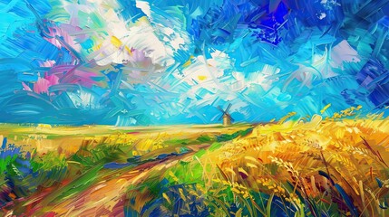 Wall Mural - Dynamic wheat field with bold brushstrokes and expressive sky in abstract style