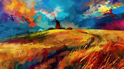 Wall Mural - Expressive countryside scene with bold strokes and vibrant sky in Neo-Expressionism