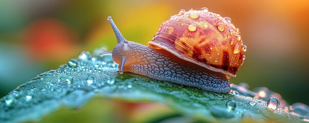 A snail with a brown and orange shell crawls on a green leaf covered in dew drops.