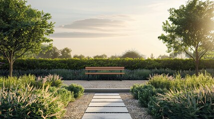 Sticker - Serene garden with minimalist hedges clean lines and a peaceful sky backdrop