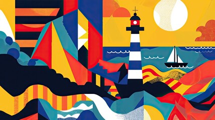 Constructivist coastal scene with geometric cliffs abstract waves and bold colors