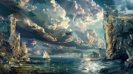 Sticker - Exaggerated coastal scene with stylized cliffs and whimsical mannerist-inspired skies