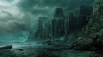 Wall Mural - Dramatic coastal scene with intricate cliffs and a brooding Gothic-inspired sky