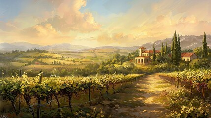 Poster - Neoclassical vineyard scene with meticulously detailed vines and serene classical sky