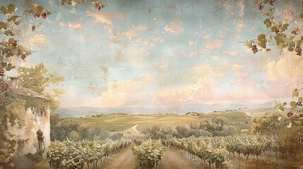 Wall Mural - Vineyard scene with soft grapevines dreamy skies and a nostalgic atmosphere