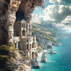 Wall Mural - An ancient building built into a cliff overlooking the ocean.