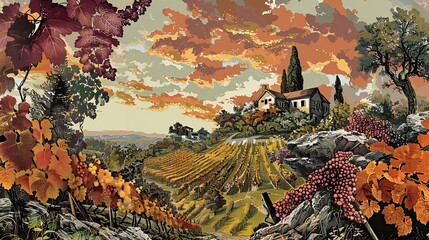 Wall Mural - Absurd vineyard with distorted vines and a chaotic playful Dada-inspired setting