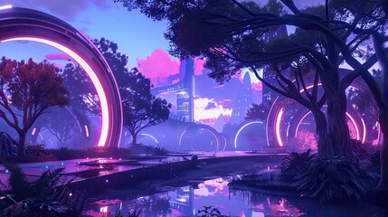 Modern park scene with streamlined design vibrant lawns and a futuristic neon sky