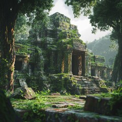 Canvas Print - An ancient stone temple overgrown with lush greenery, with a path leading towards its entrance.