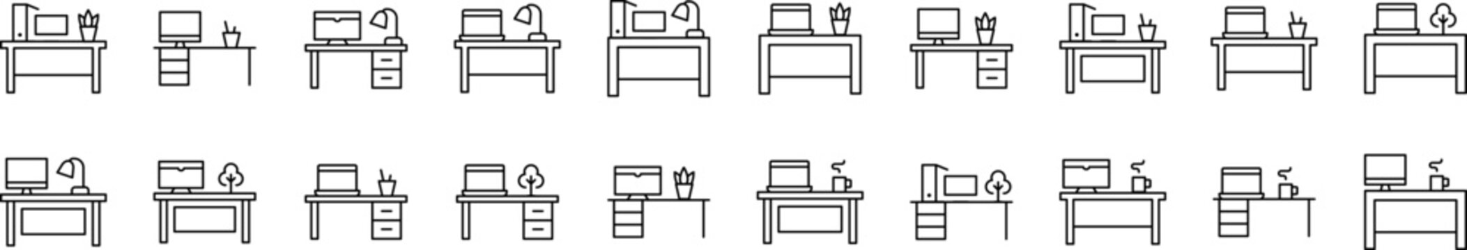 Computer on Table Simple Isolated Line Icons Collection. Editable Stroke. Suitable for Web Sites, Books, Cards, Apps