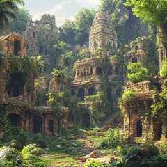 Canvas Print - An ancient, overgrown city nestled within a lush jungle.