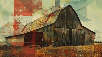 Wall Mural - Constructivist rural scene with barn sharp angles and industrial precision