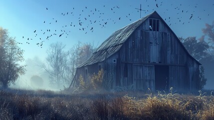 Wall Mural - Symbolist rural landscape with barn and rich mysterious atmosphere