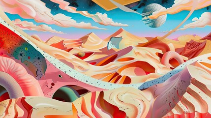 Wall Mural - Absurd Dadaist desert scene with whimsical dunes and chaotic nonsensical sky