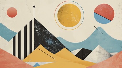 Wall Mural - Bauhaus-inspired desert with simplified forms and primary colors in structured dunes