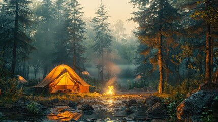 camping by the lake, tents, fire and mountain views, snowy and cold weather, outdoor, wallpaper, bac