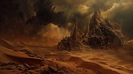 Wall Mural - Gothic desert scene with ornate dunes and a brooding dramatic sky creating mystery