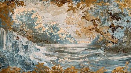 Wall Mural - Stylized river scene influenced by Mannerism with exaggerated forms and whimsy