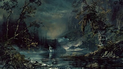 Canvas Print - A tranquil river with Gothic architecture detailed waters and dark sky