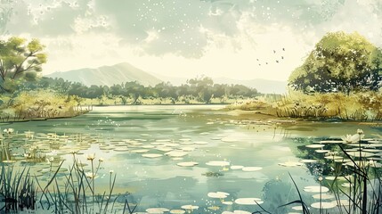 Wall Mural - Lofi-inspired scene with vintage textures of a river and serene surroundings