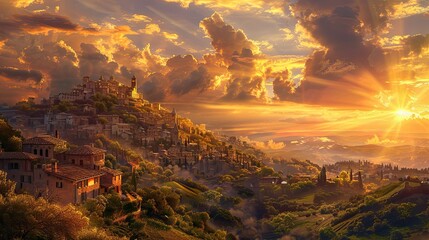 Wall Mural - Baroque-style village on a hill with opulent details and dramatic sky lighting