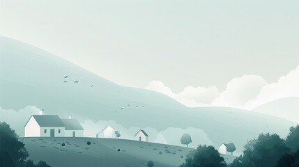 Wall Mural - Minimalist hilltop village with soft gradients and simplified architecture