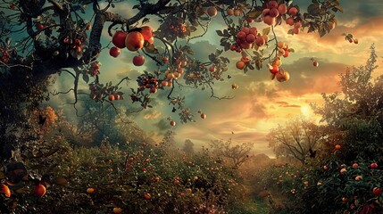 Canvas Print - Mystical orchard with symbolic elements and surreal colors suggesting hidden meaning