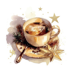 Poster - A cup of coffee with a spoon on a plate with a star and pine needles. The coffee is hot and the star is shining brightly