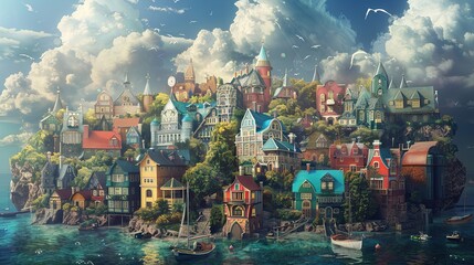 Surreal coastal town with distorted houses and dreamlike harbor under a surreal sky