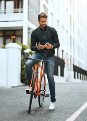 Aufkleber - Man, outdoor and serious with bicycle on smartphone in city for social media post and interaction. Male person, employee and texting online in New York with communication, networking and message