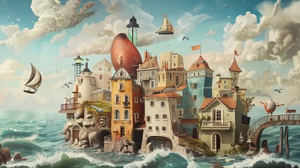 Wall Mural - Absurd coastal town scene with whimsical elements and playful chaotic distortions