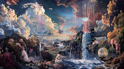 Wall Mural - A dreamlike waterfall with surreal elements and unexpected color combinations