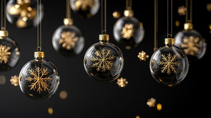 Wall Mural - Hanging glass Christmas balls on black background with golden snowflakes .generative ai